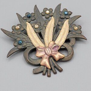 Mixed Metal Copper Brass Floral Bouquet Brooch Pin Crystal Accents Ribbon